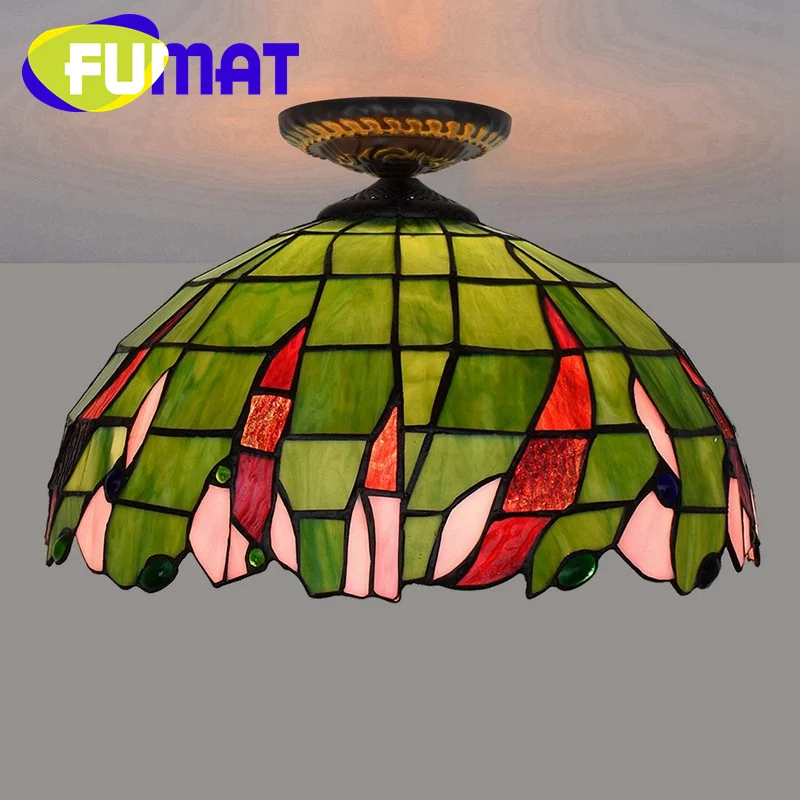 FUMAT Tiffany 16inch pastoral green stained glass overhead light deco dining room bedroom aisle hallway hallway ceiling light