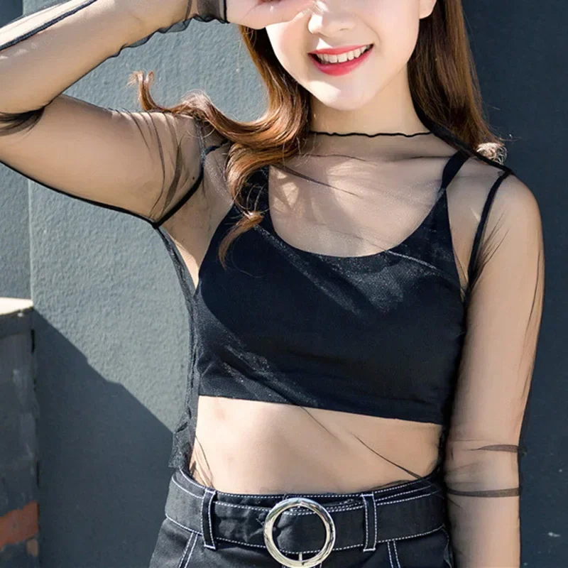 Women Ladies Lace See-through Tops Blouse Slim Sexy Hot Mesh Shirt Black