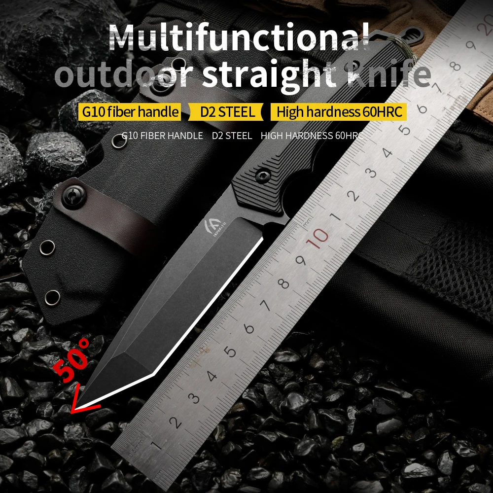 High-quality D2 steel fixed blade, one-piece outdoor knife, wilderness survival knife, high-hardness hiking and camping knife, o