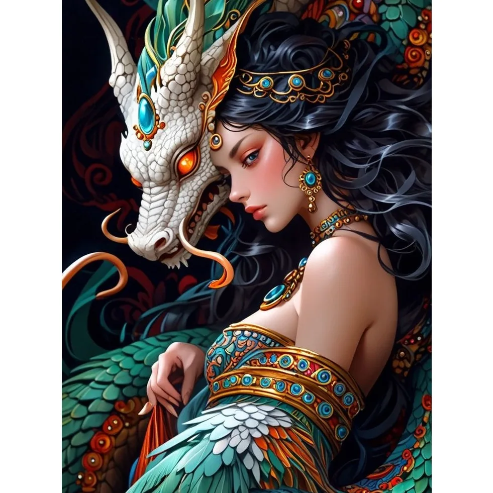 

Diamond Painting Full Square Drill Dragon and Queen Rhinestone Picture DIY 5D Mosaic Craft Powerful Gift for Fantasy Lover