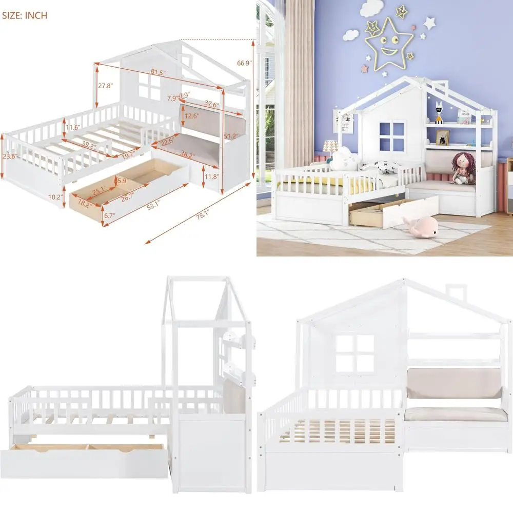 

Мягкая кровать-трансформер с диваном и 2 ящиками, деревянная кровать с полками и высокими бортиками, идеально подходит для детей - белая