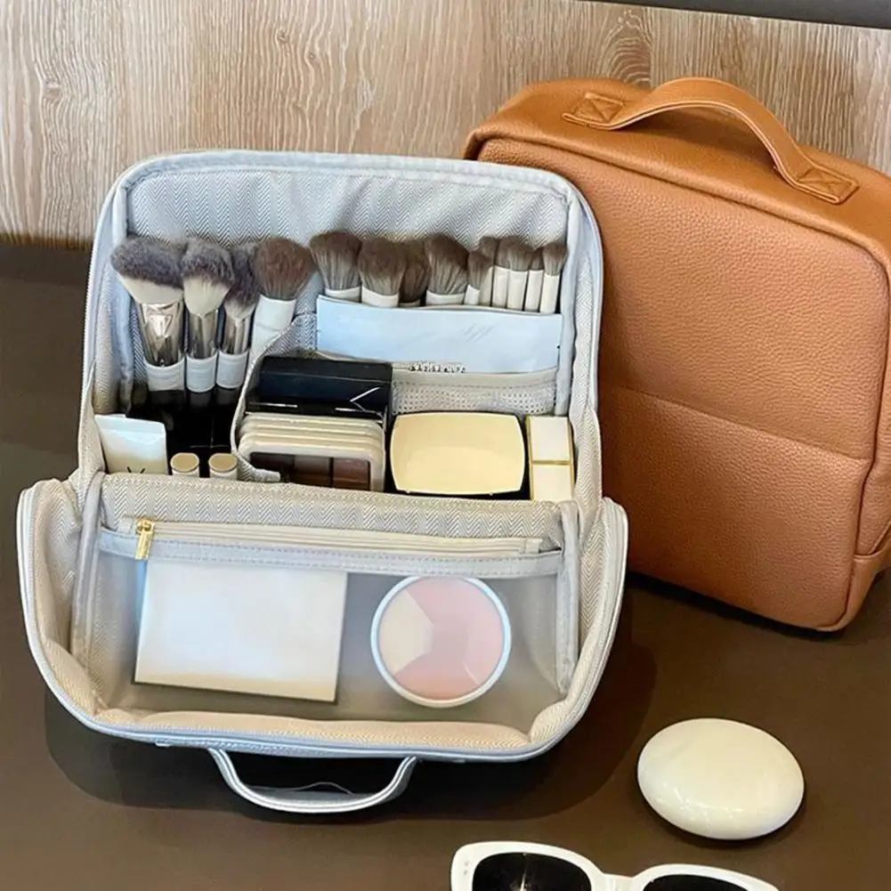 Women Standing Cosmetic Bag Stand-up Travel Makeup Bag Toiletry Organizer with Multiple Compartments for Vacation Trip Daily Use