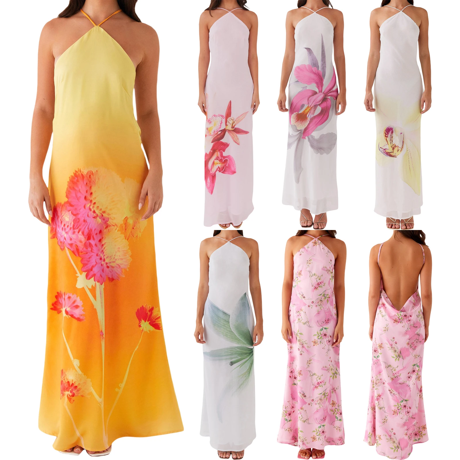 Combhasaki feminino verão halter pescoço estético flor impressão alças finas ajustáveis sem costas fino ajuste em camadas vestido longo de festa