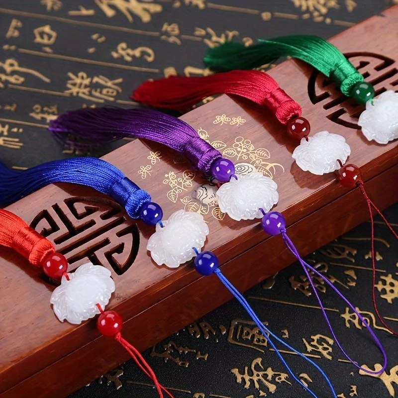 10 قطع من قلادة المروحة الشفافة المصنوعة من اليشم الاصطناعي ذات الألوان المختلطة مع شرابة هانفو يمكن استخدامها لتزيين عطلة الحفلات