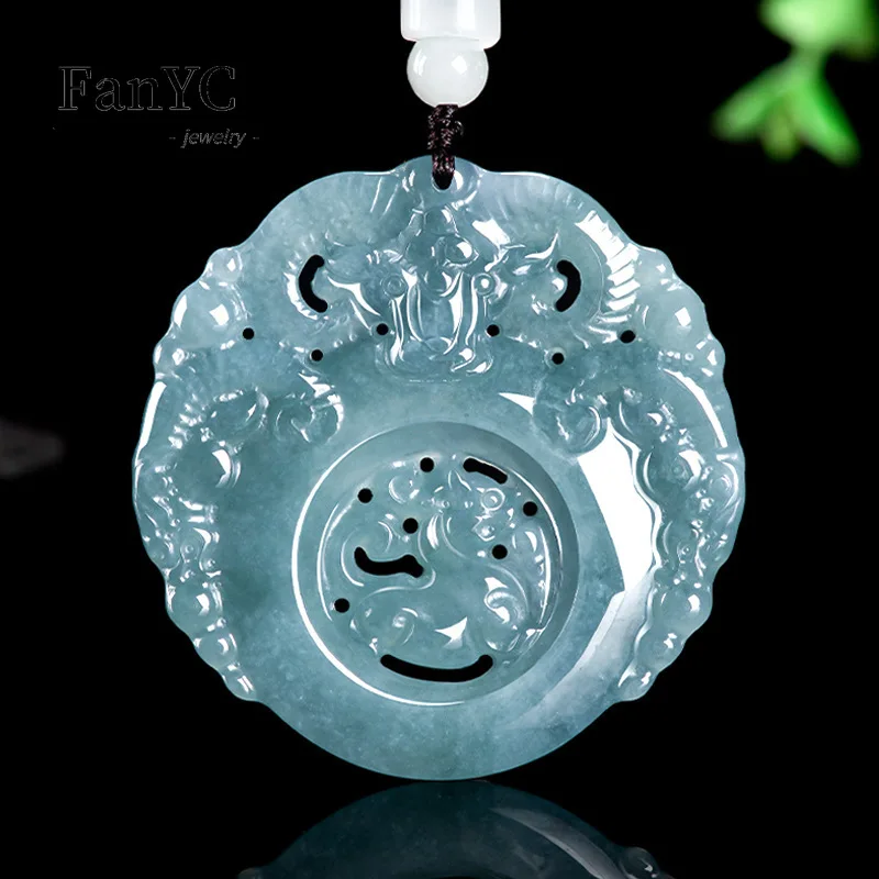 Natural Myanmar Jadeite Blue Water Three Sheep Pendant Hollow Carved Dragon Exquisite Fashion Necklace Jewelry for Men and Women