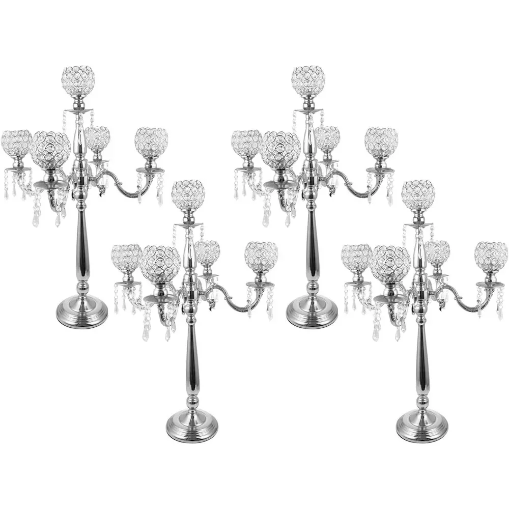 5 Arm Crystal Candelabra Centerpieces for Wedding,29.5Inches Tall Silver Metal Candlestick Holders with 5 Flower Bowl Holder for