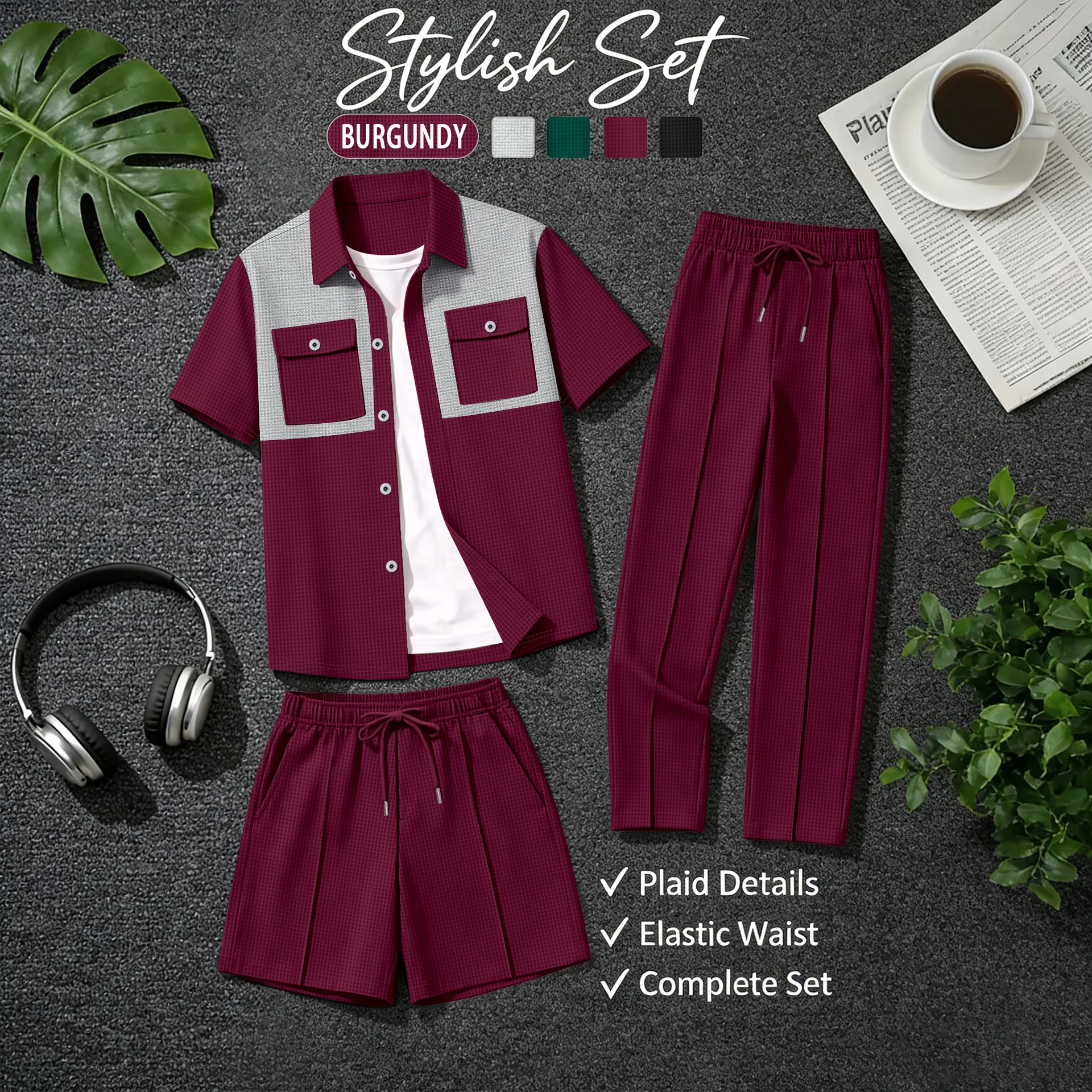 

New trendy men's checkered three-piece set - color-block shirt, elastic waist pants, drawstring shorts, urban casual outfit comb