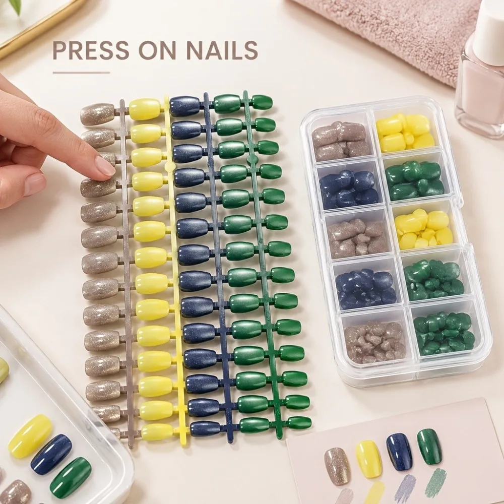 120Pcs Press On Nails 4-row Color Swatch Board Macaron Shimmer Shades Size-graded 10-grid PP Storage Box Anti-scratch False Nai