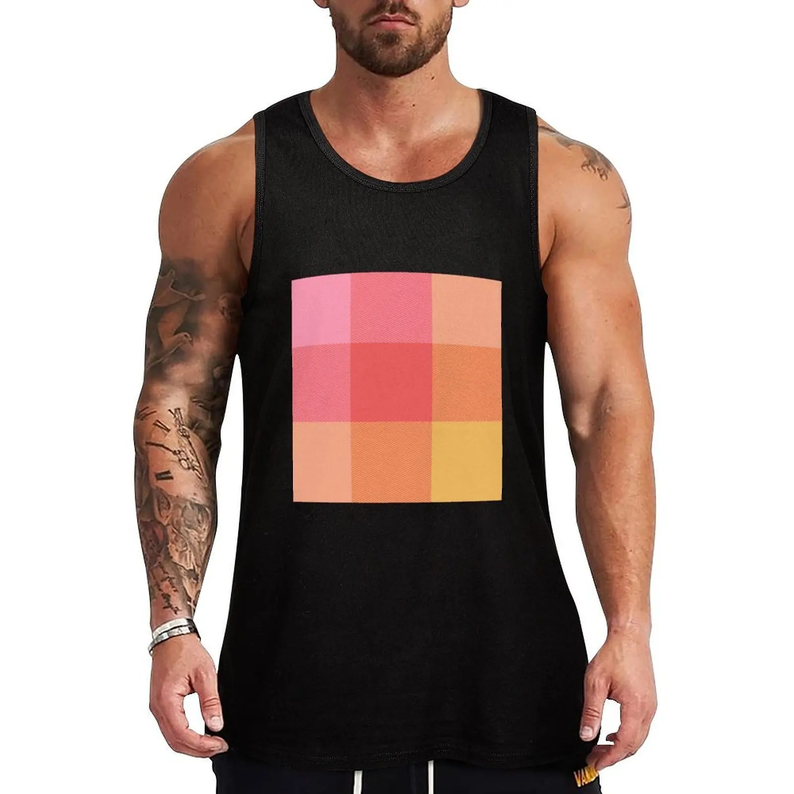 

Vivid Pink, Yellow and Orange Plaid Tank Top T-shirt man Men's clothes sleeveless shirts Bodybuilding shirt