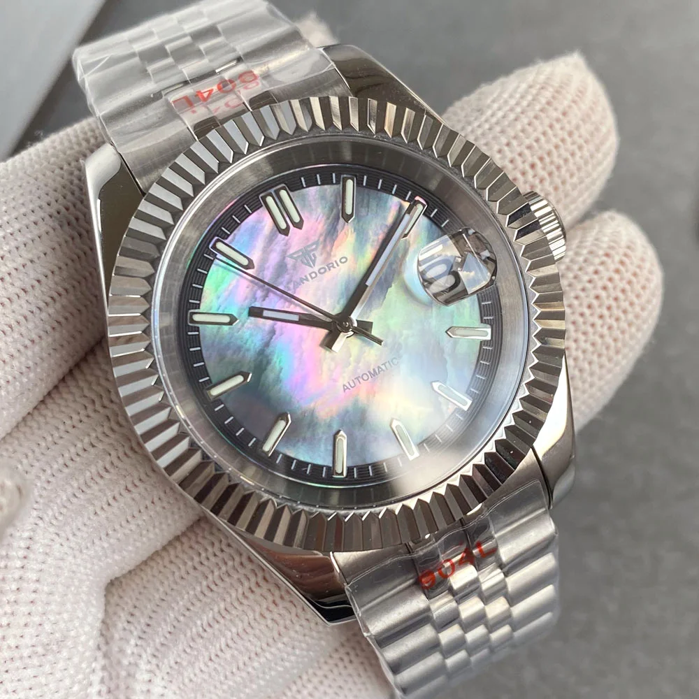 

39mm Tandorio Black White Blue MOP Mother of Pearl Shell Dial Luminous 20ATM Diving NH35 Automatic Watch Men Steel Bracelet