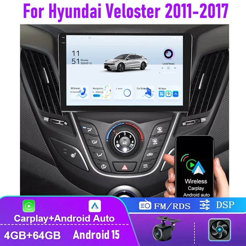 

9" 4-64GB For Hyundai Veloster 2011-2017 Car Radio Wireless CarPlay Android 15 Auto Head Unit GPS Navi + Rear Camera