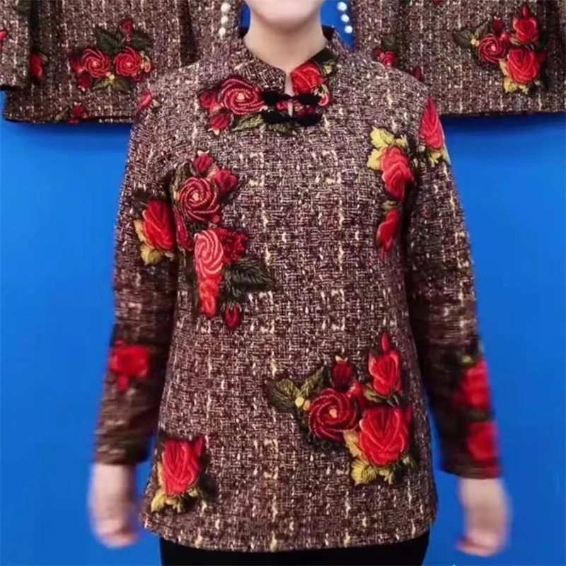 Plüsch Mutter Bodenbildung Shirt Herbst Winter 2022 Neue Stil Mittleren Alter Alte Alter Vielseitig Western-Stil Lose Lange Ärmeln frauen Top