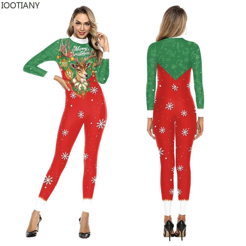 

IOOTIANY 2024 3d Sexy Printed Women's Jumpsuit Casual Long Sleeve Skinny Jumpsuit Christmas Deer O-Neck Jumpsuit