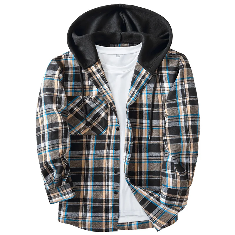 Spring Autumn Men's Long Sleeved Plaid Shirt Youth Casual Loose Fitting Hooded Cardigan Shirts For Women Hoodies