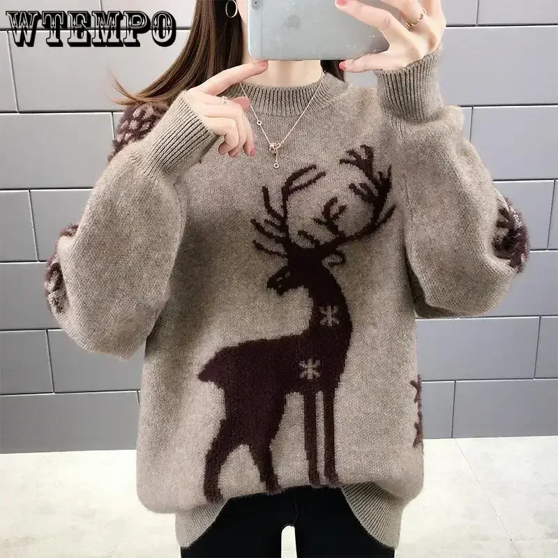 WTEMPO Christmas New Year Loose Knitted Sweaters Women Autumn Winter Warm Pullover Top All Match Sweater Bottoming Shirt Female