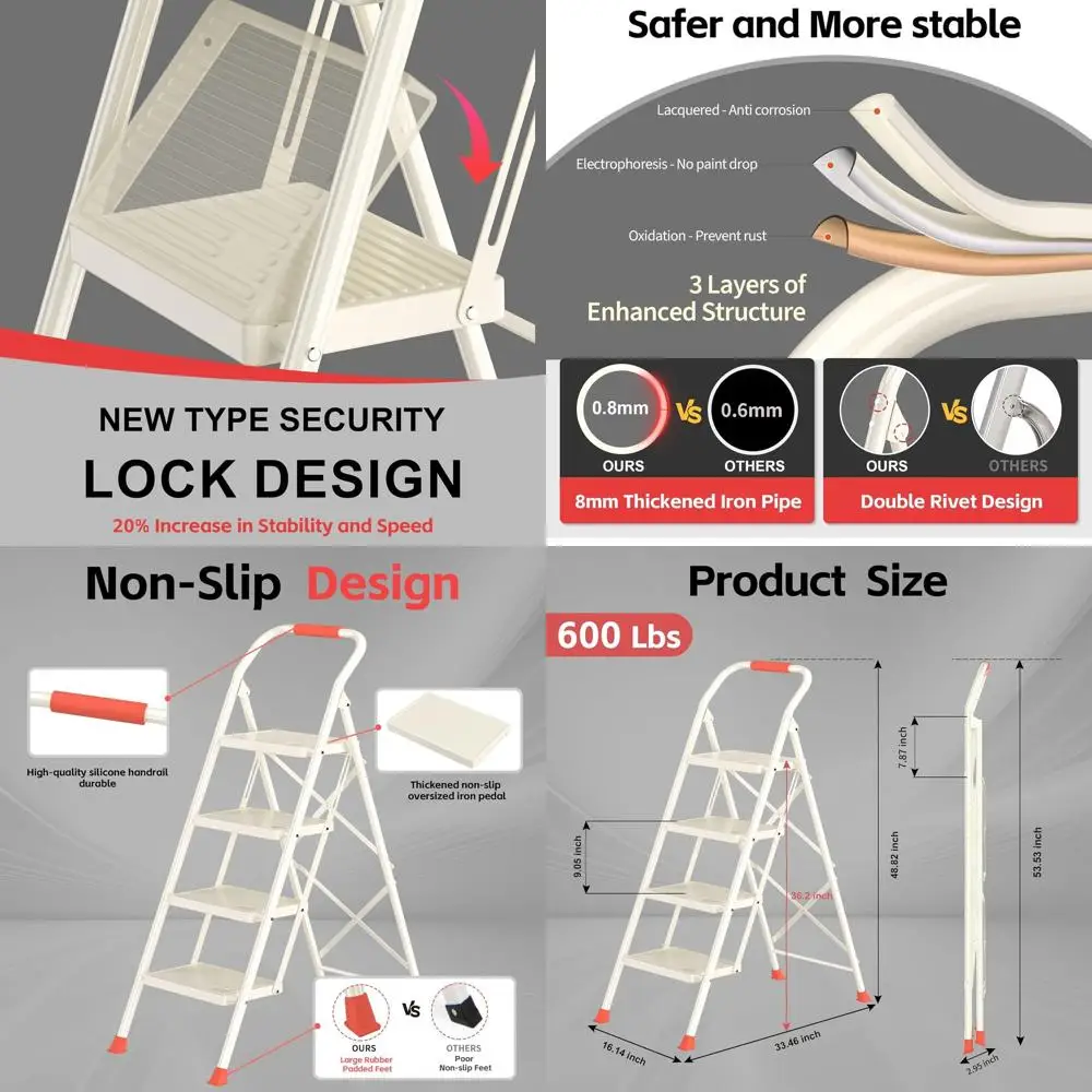 

4-ступенчатый сверхмощный складной табурет-лестница с поручнями, вместимость 600 фунтов, идеально подходит для домашней кухни и использования в шкафу