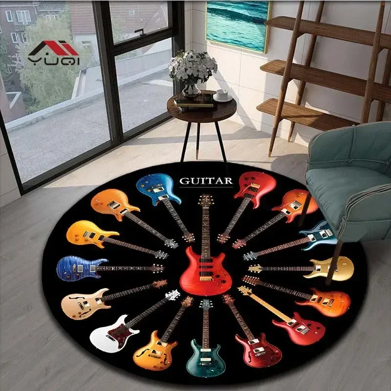 Guitar Music Round Area Rug – Soft Non-Slip Floor Mat for Living Room or Bedroom – Musical Pattern Carpet, 5 Sizes Available