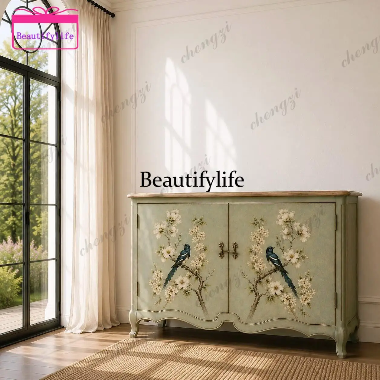 a55 American French solid wood living room painting entrance cabinet, simple modern painted dining side cabinet