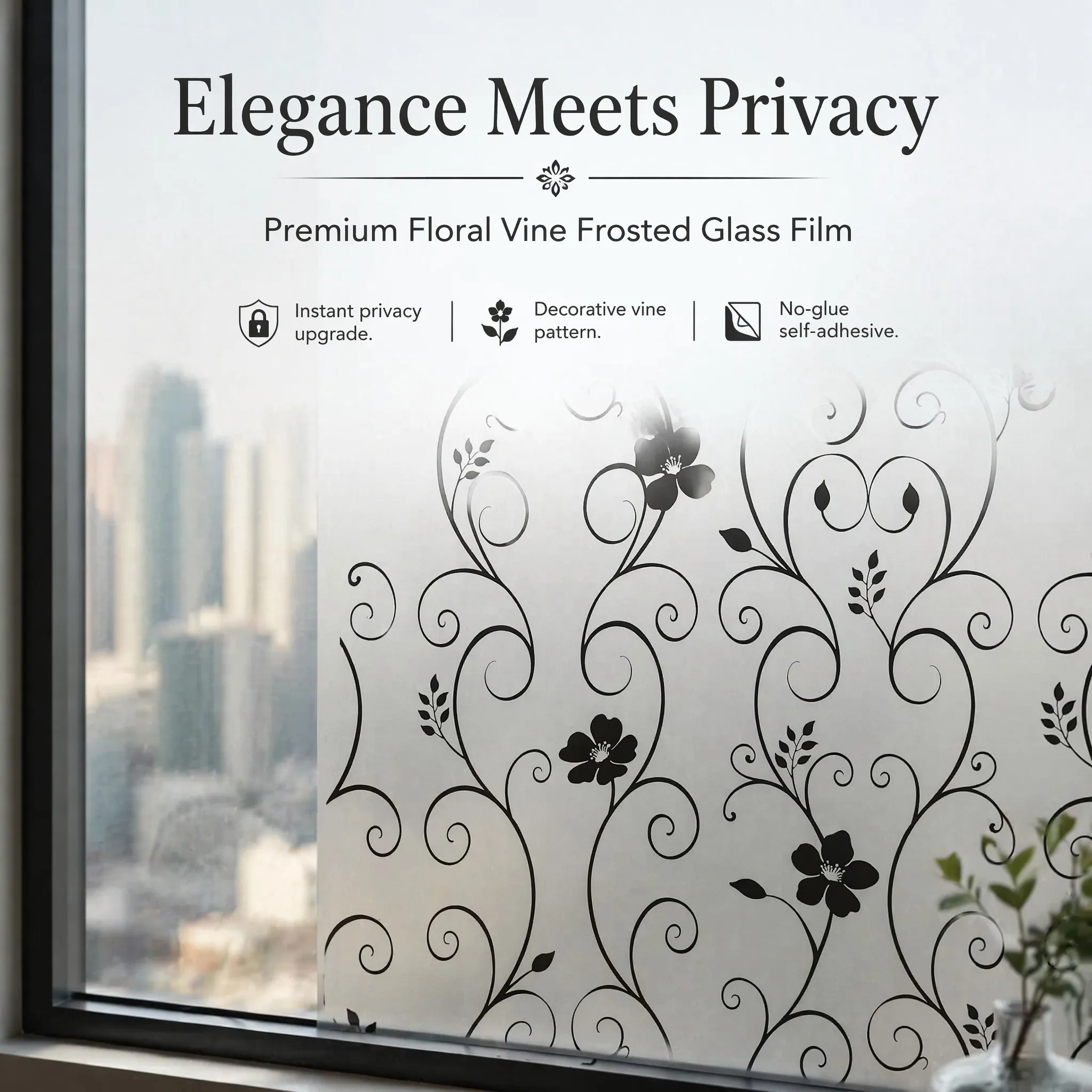 Elegant Black Floral Scroll Vine Self Adhesive Frosted Window Film 24H Privacy Protection UV Blocking Waterproof Anti-Scratch