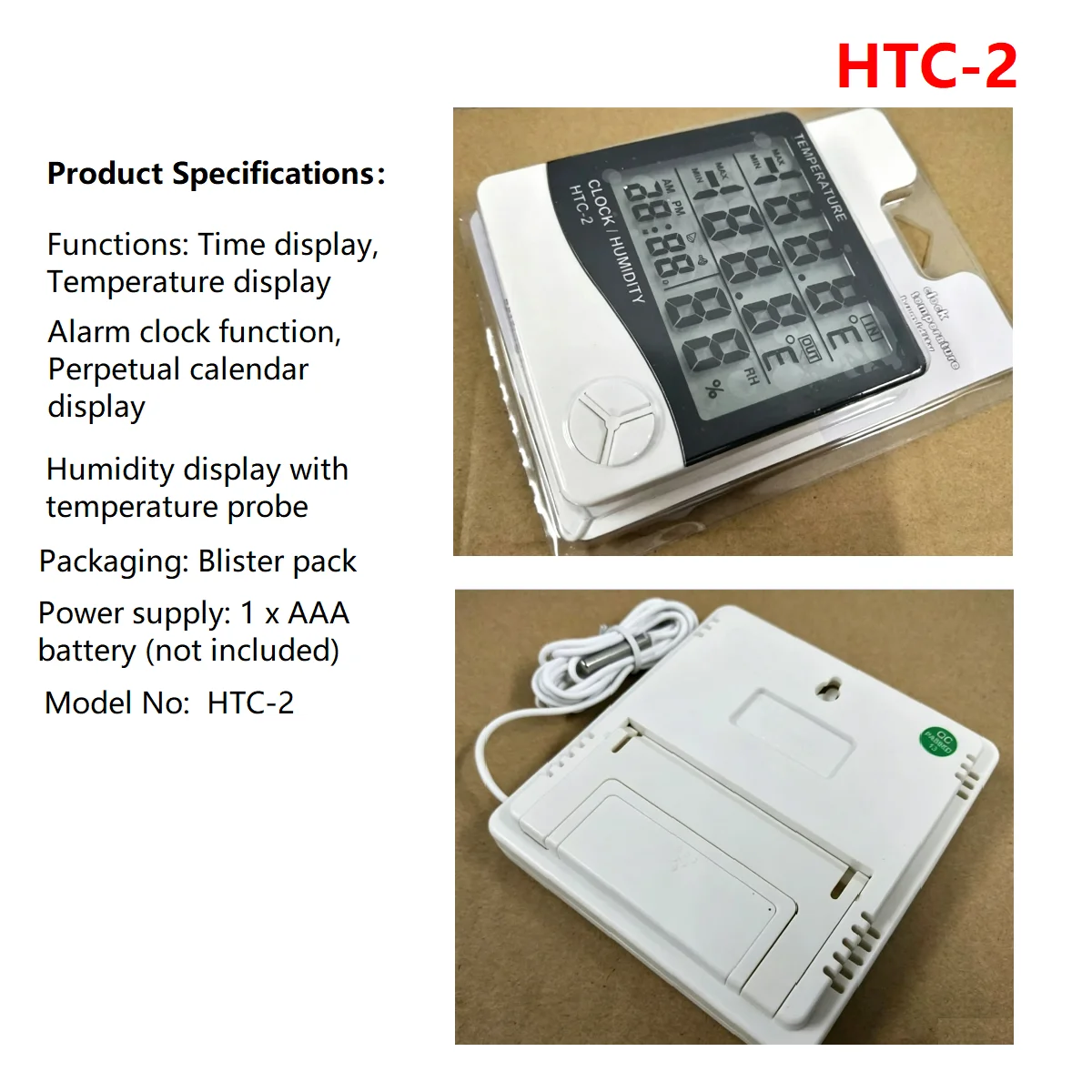 10PCS HTC-2 Digital Indoor External Temperature & Humidity Time Clock Alarm