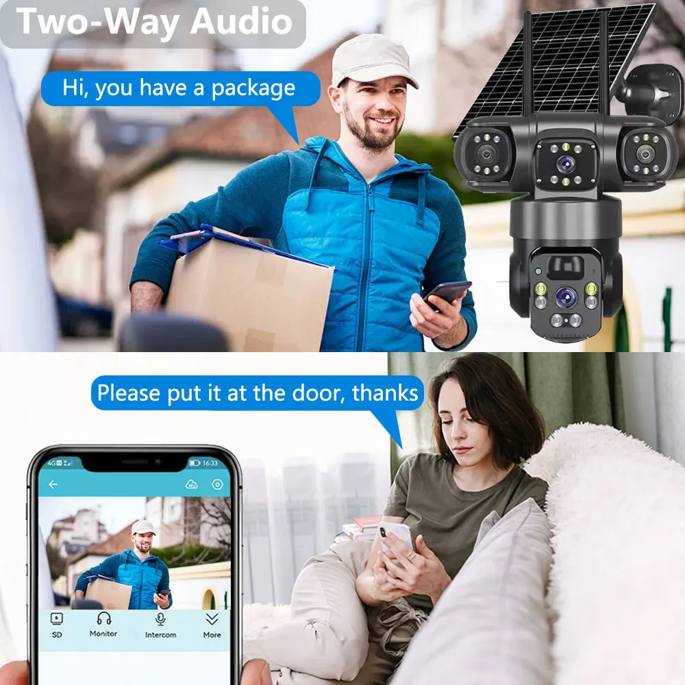 8K 15MP 3 Lens 3 Screens Wifi Or 4G Sim Solar Camera Outdoor Surveillance Wireless Cctv PTZ IP66 Security Solar Panel Cameras