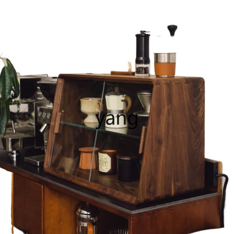 

LH Coffee Shop Solid Wood Storage Cabinet Glass Door Black Walnut Desktop Tableware Coffee Cup Storage