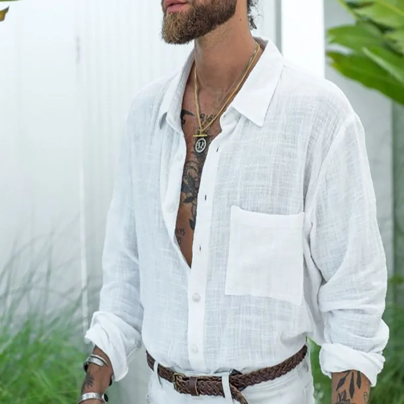 Men's Lapel Long-sleeved Shirt Spring And Summer Loose Men's Cotton And Linen Bamboo Pocket Shirt