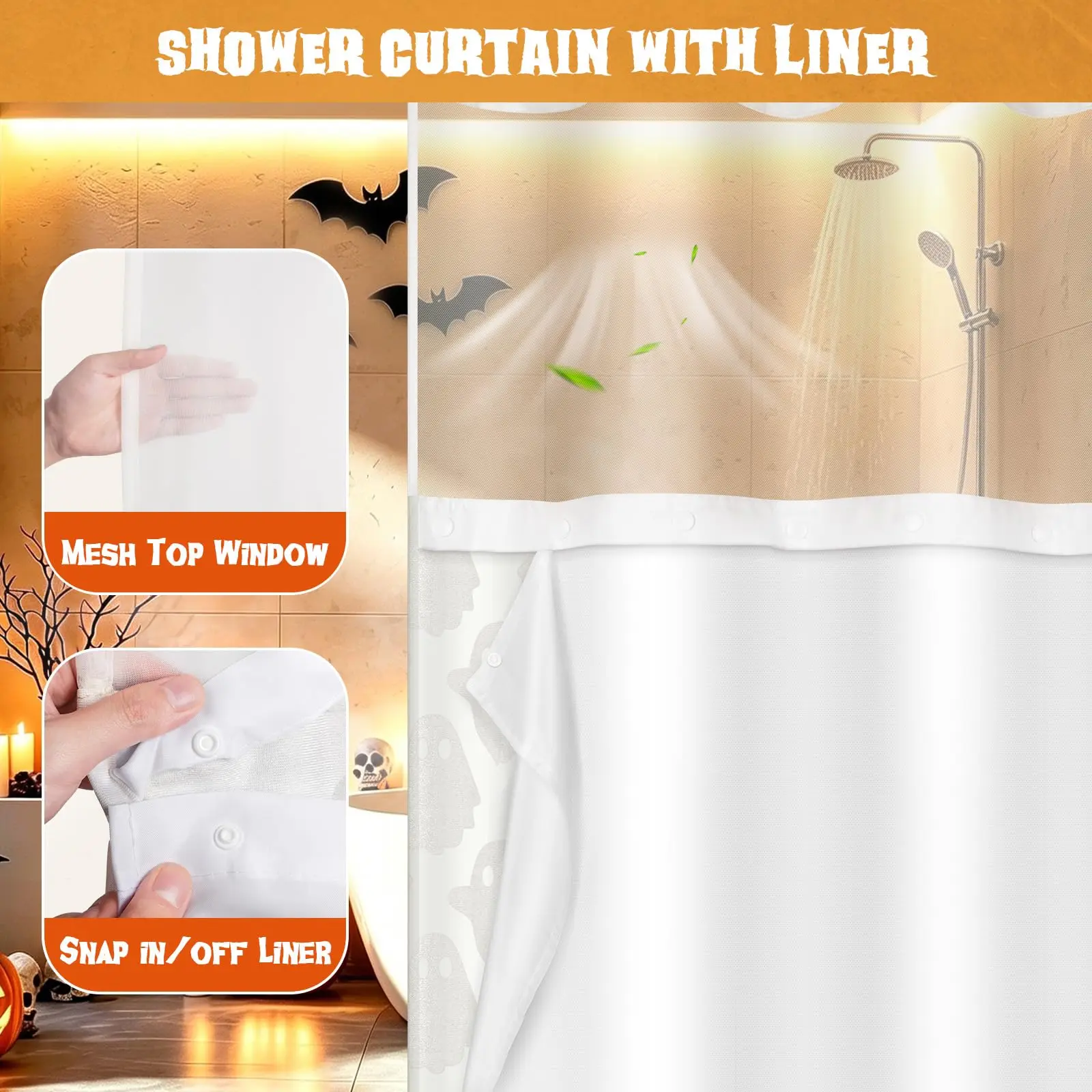 FADOTY No Hook Shower Curtain Set with Snap in Liner, Ghost, 71'' x 74'' Bathroom Hotel Fabric Curtain, Waterproof Washable Liner, See Through Top Window, Ringless Ghost Tufted Cloth Curtain