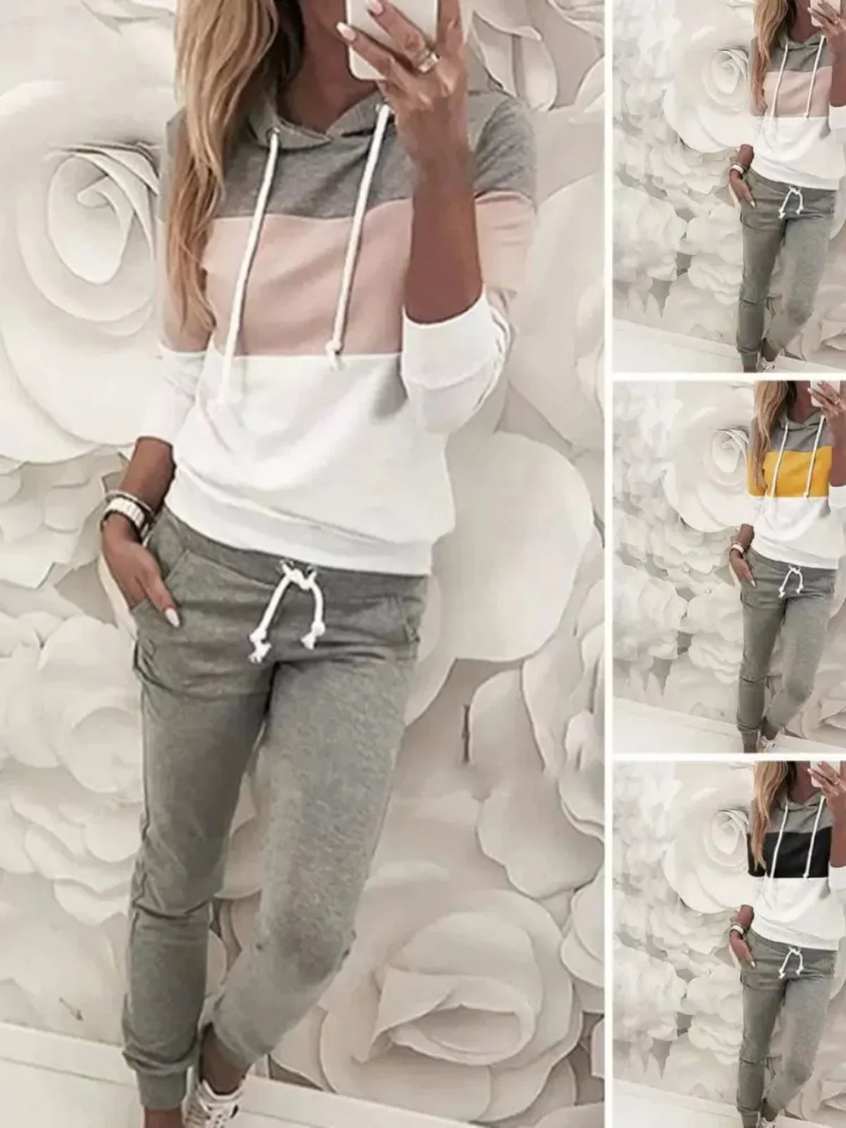 

Женский повседневный цветной комплект свитшотов, длинные брюки с капюшоном Све, комплект из двух предметов, осенняя коллекция из полиэфирной ткани