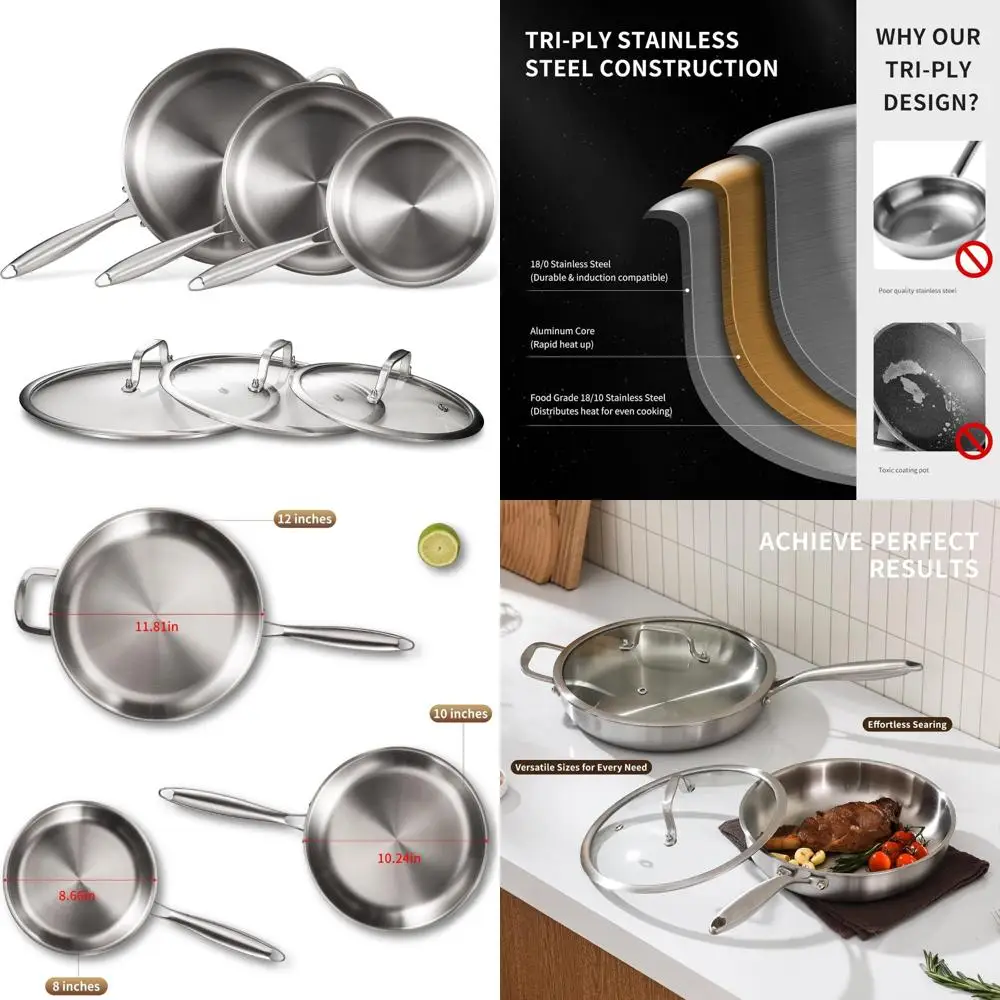 

Stainless Steel Pan Set - PFOA and PTFE-Free, Induction Compatible Skillet and Griddle with Lid for Kitchen Use