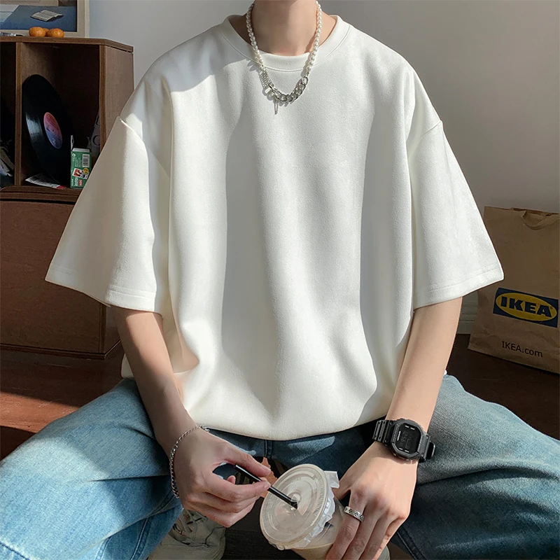 Men\'s Suede Short Sleeve T-shirt Vintage Loose T-shirts Women Casual Oversized T Shirt O Neck Retro Harajuku Tops Tees New 2023