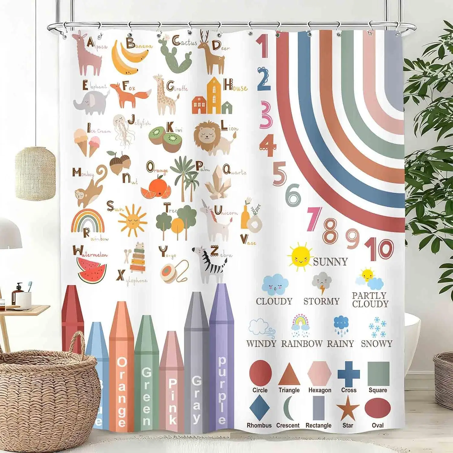 Kids Educational Shower Curtain, Alphabet Number Shape Weather Animal Crayon Boho Learning Chart Waterproof Bath Curtain Decor