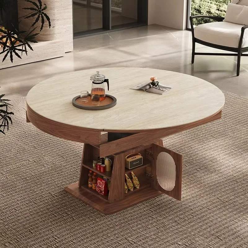 Adjustable Dual-Use Rock Slab Coffee Table Vintage Style Mobile Multifunctional Dining Table for Small Apartment Minimalist