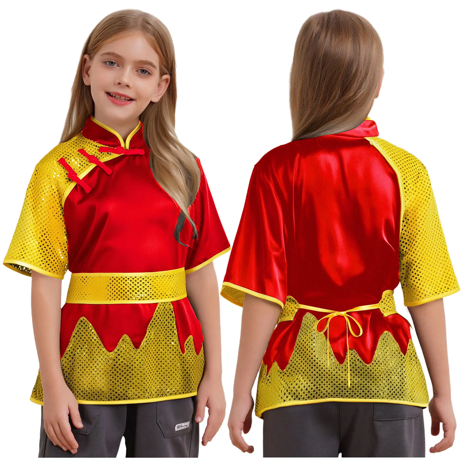 Boys Martial Arts Tops Performance Costume Knot Buttons Mandarin Collar Short Sleeve Color Block Shiny Sequins Top with Belt