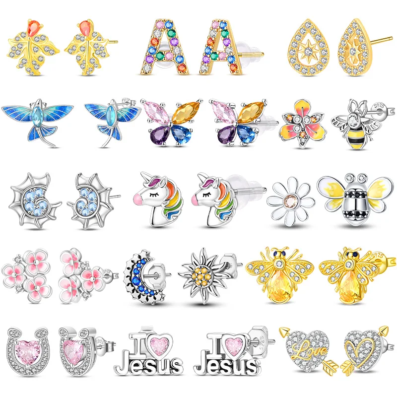 925 Sterling Silver Rainbow Horse Butterfly Bee Flower Women Earrings Brilliant Wedding Engagement Star Earrings Jewelry Gifts