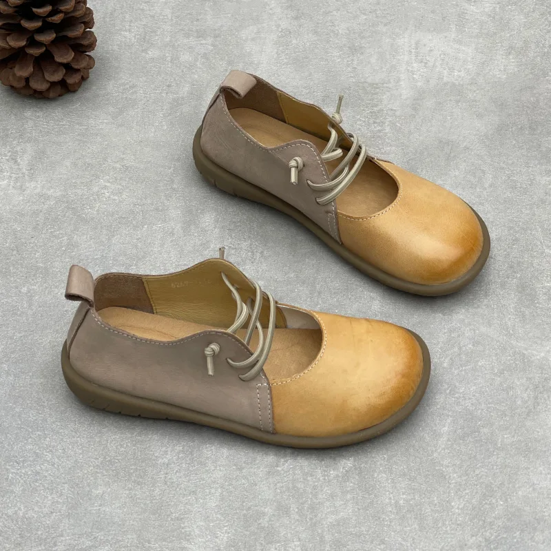

2026 Spring & Summer New Hand-Washed Cow Leather Women Flats, Round Toe, Elastic Band Color Block Genuine Leather Shoes