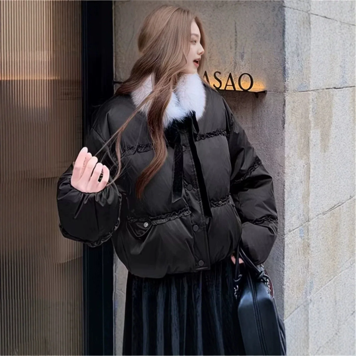 Short Cotton Clothes Women's Removable Fur Collar Velvet Bow Design Sense Loose Thickened Winter Coat