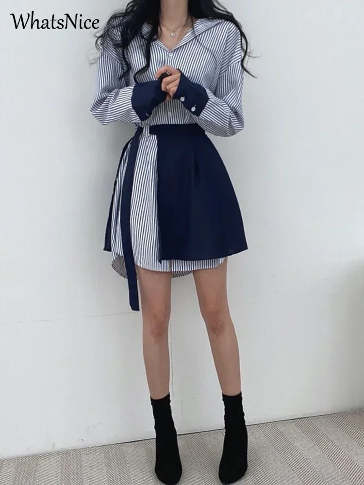 2022 new korean fashion 2 piece set woman dress Lady casual stripe dresses women female shirt dress Dropshipping Cheap wholesale