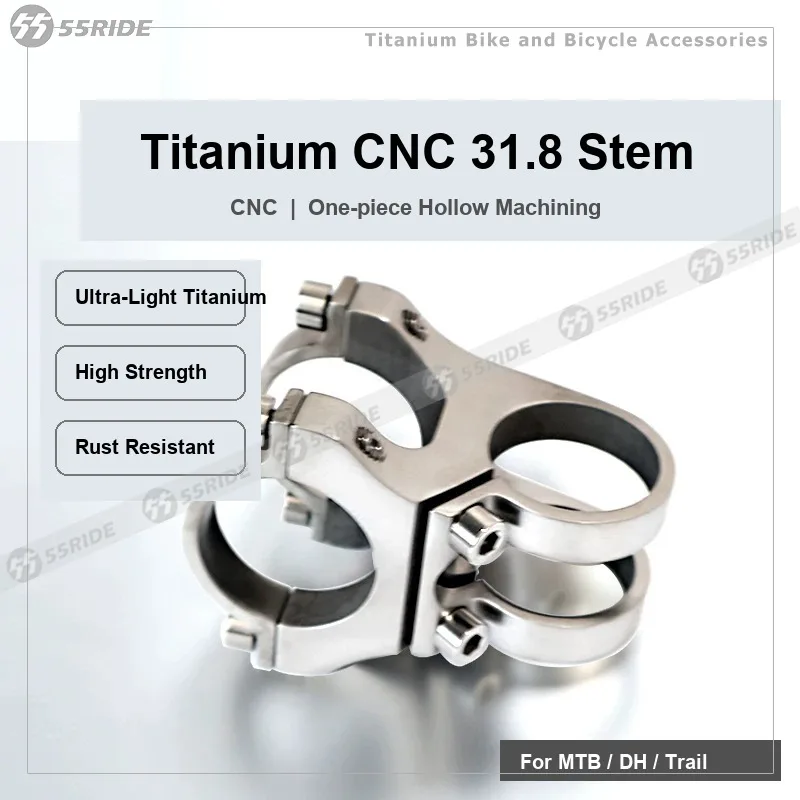 55RIDE Titanium TC4 CNC Bike Stem 31.8mm, MTB Handlebar Stem, 28.6mm Steerer, 150g Ultra-Light Hollow Stem for Downhill Trail