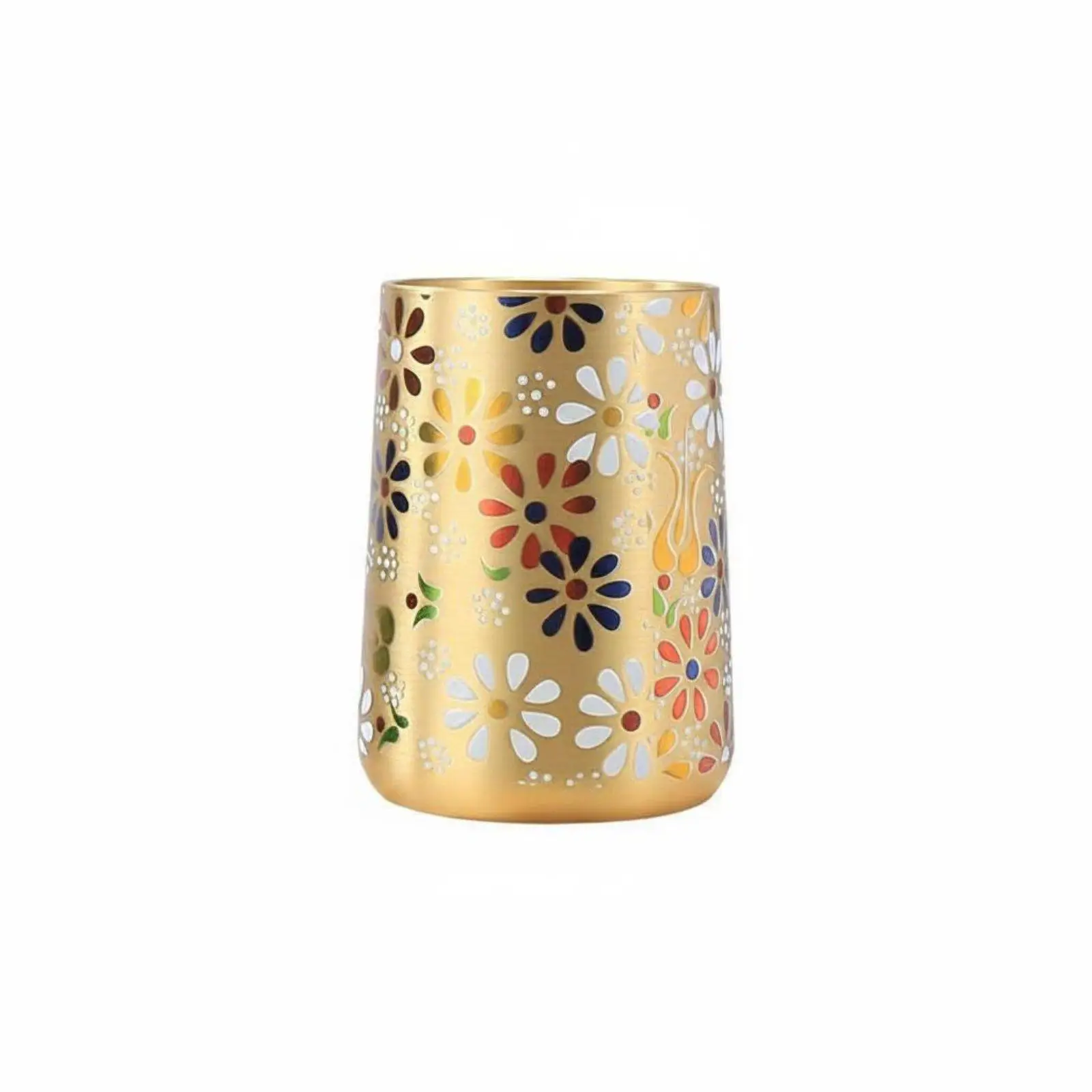 Compact Brass Pencil Cup Floral Pattern Metal Desk Organizer Pen Holder for Artist Office Calligraphy Brush Storage Pot