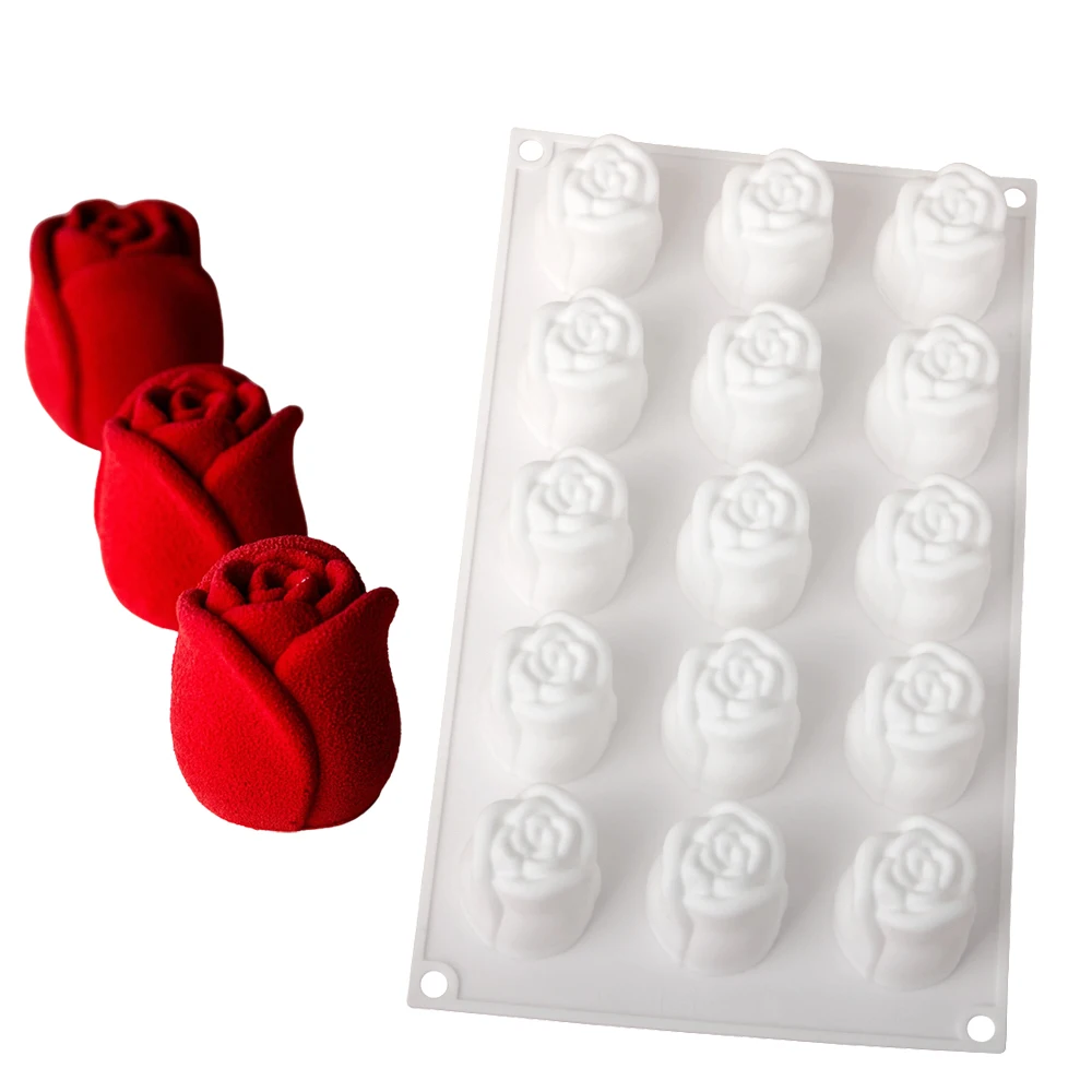 Valentine's Day Silicone Cake Mould 12 or 15-Cell Rose Bud Design French Mousse Cake Mold Food Grade Chocolate Dessert Tools