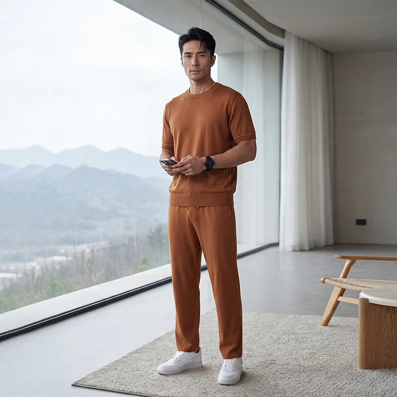 Spring/Summer Men'S Suit Knitted Silk Round-Neck T-Shirt And Elastic Waist Pants Two-Piece Set Business Casual Men'S Clothing