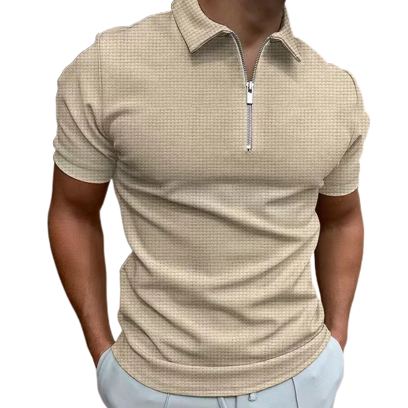 2024 Summer New Men's Zipper Waffle Polo Shirt Short Sleeve Waffle Lattice Casual T-shirt Men Thin Solid Color