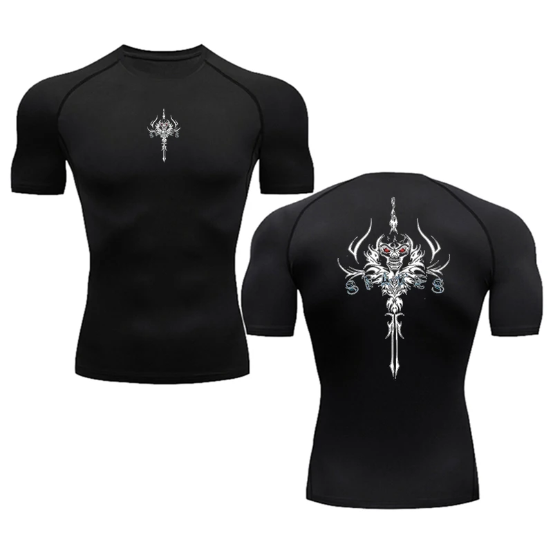 Men's compression Skull Sword Print T-shirt Sport Short sleeve Muscle Fitness Tight quick drying Breathable fitness jacket tops