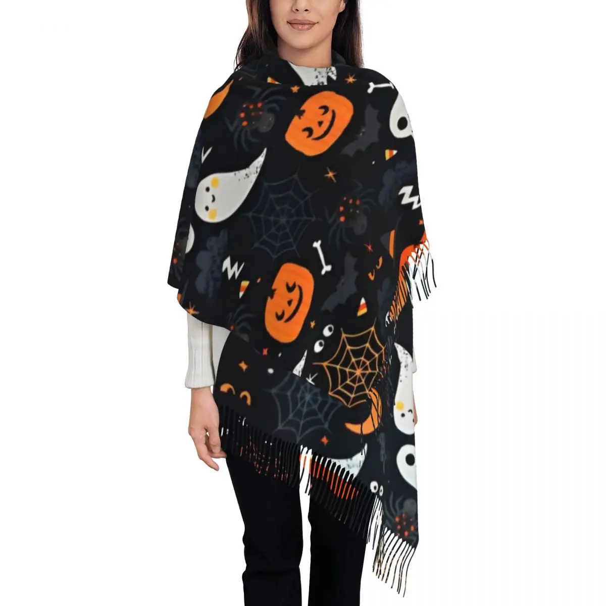 Women's Scarf with Tassel Black Halloween Single-sided Pattern Winter Warm Shawl Wrap Gifts Pashmina Scarves