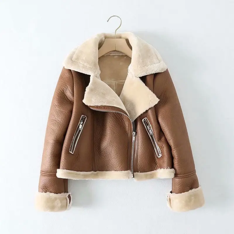 2024 European and American Style Autumn Winter Fur Faux Leather Cropped Casual Jacket Coat Women Thicken Warm Streetwear