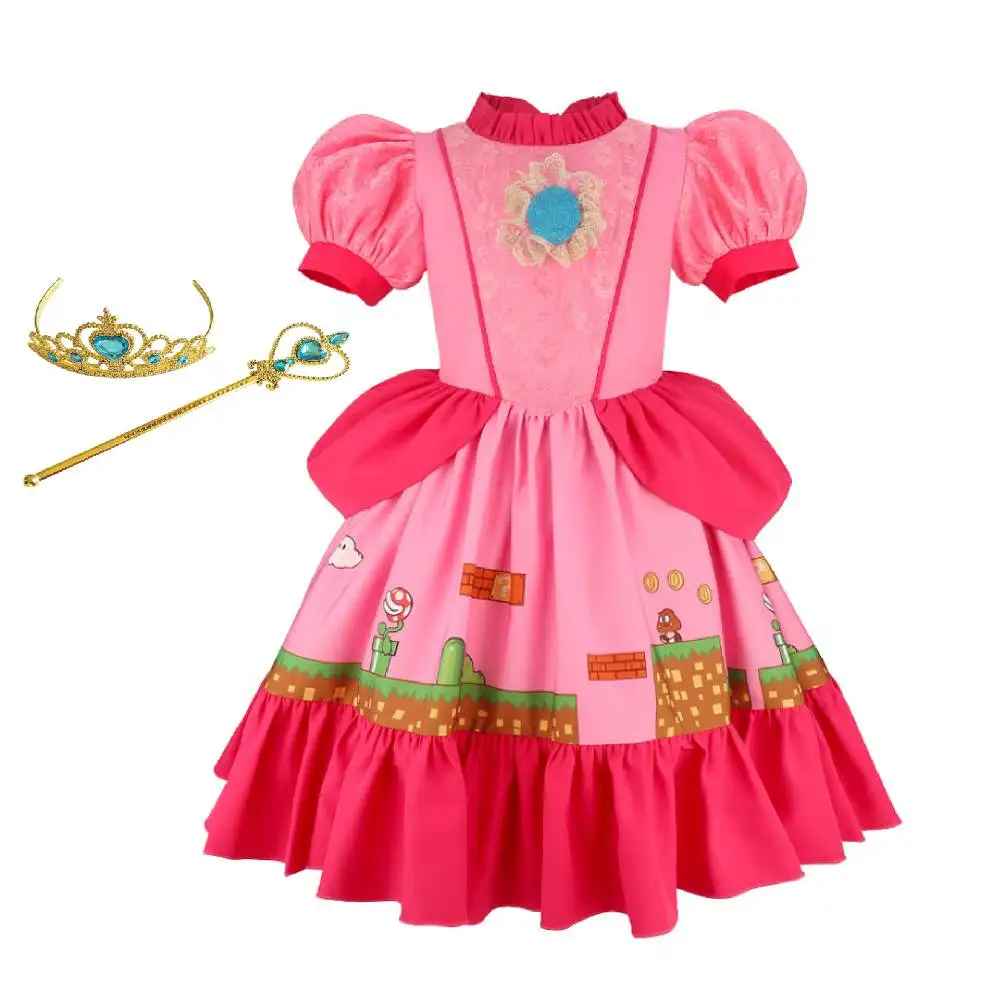 Pink Princess Dress, Children's cartoon same Girls' Birthday Peach costume with Crown Costume Halloween performance
