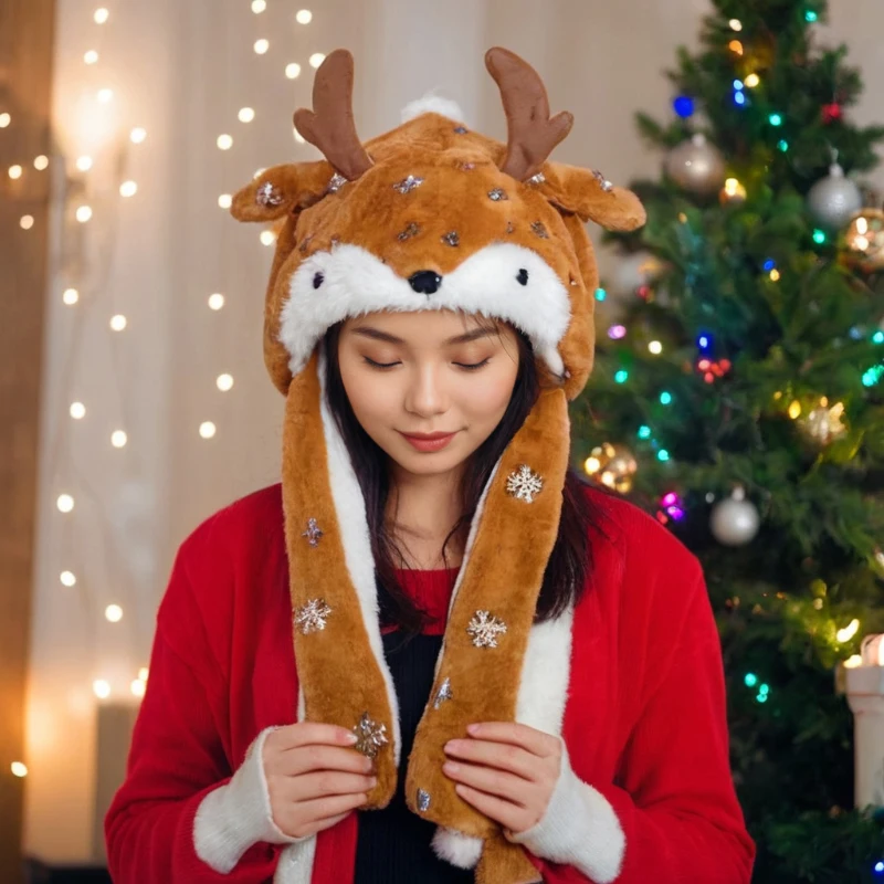 Ciepłe, urocze i wygodne czapki świąteczne z ruchomymi uszami, dekoracje na imprezy, nakrycia głowy, prezenty świąteczne dla dorosłych i dzieci.