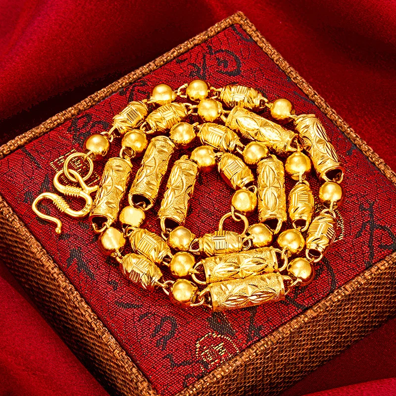 Luxury 24K 9999 Pure Gold real gold Men's hollow cylindrical beaded necklace atmospheric men's necklace