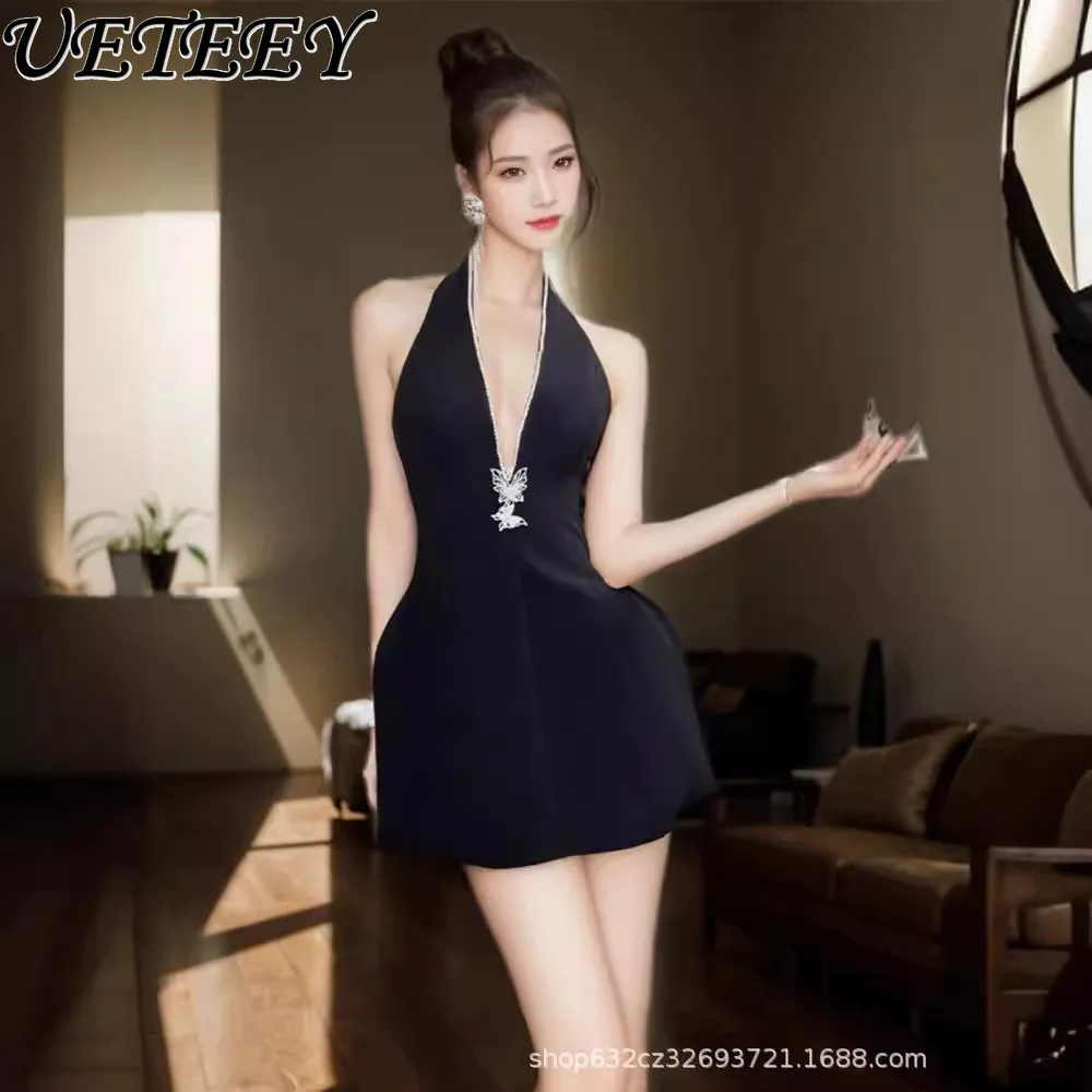 

French Hepburn Rhinestone Chain Neck Dress Women's Summer High-end Temperament Light Luxury V-neck Butterfly Sleeveless Dresses